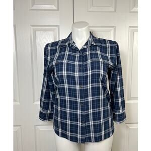 Chaps Button Up Women's Extra Large Blue 3/4 Sleeve Collared Plaid Casual Shirt